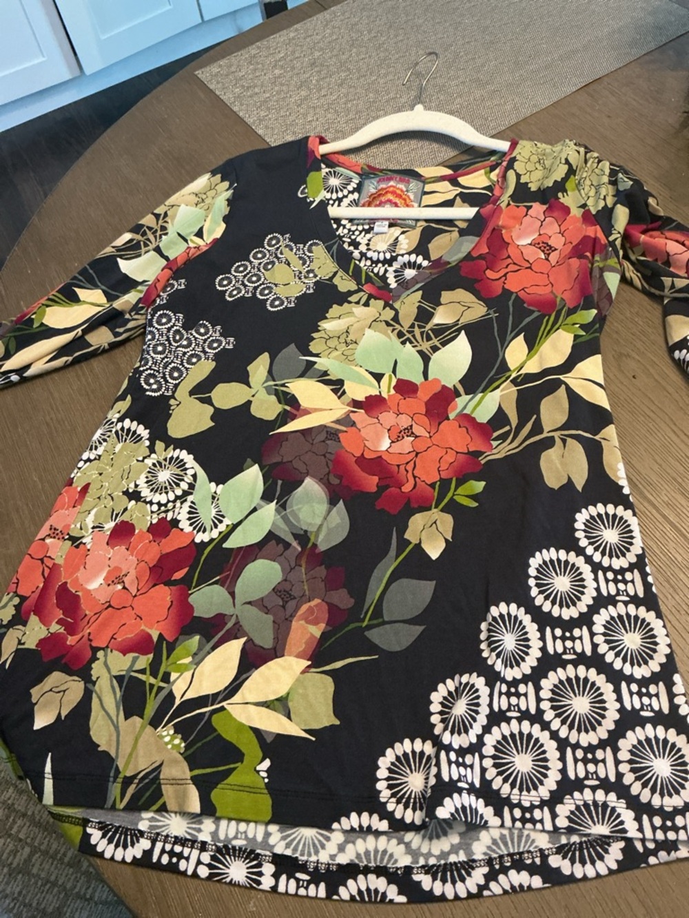 Johnny Was Black Floral V-Neck Top with Pink and Green Accents - Picture 3 of 5
